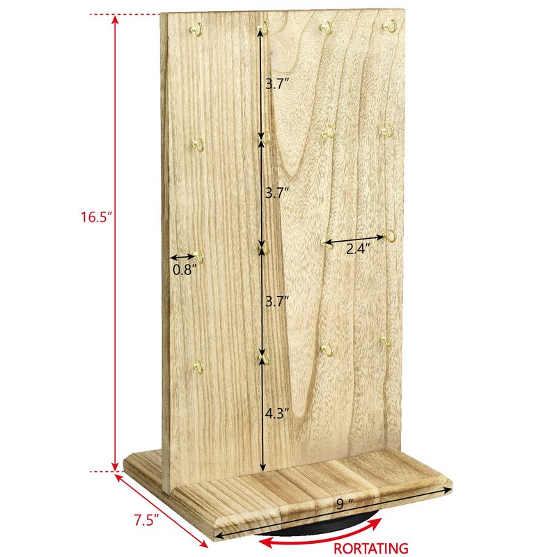 Ikee Design Wooden Rotating Two-Sided Jewelry Display Stand, Rotating Organizer with 32 Hooks for Store, Earring Keychain Display with Hooks, Oak color, 9 W x 7.5 D x 16.5 H in - Image 2